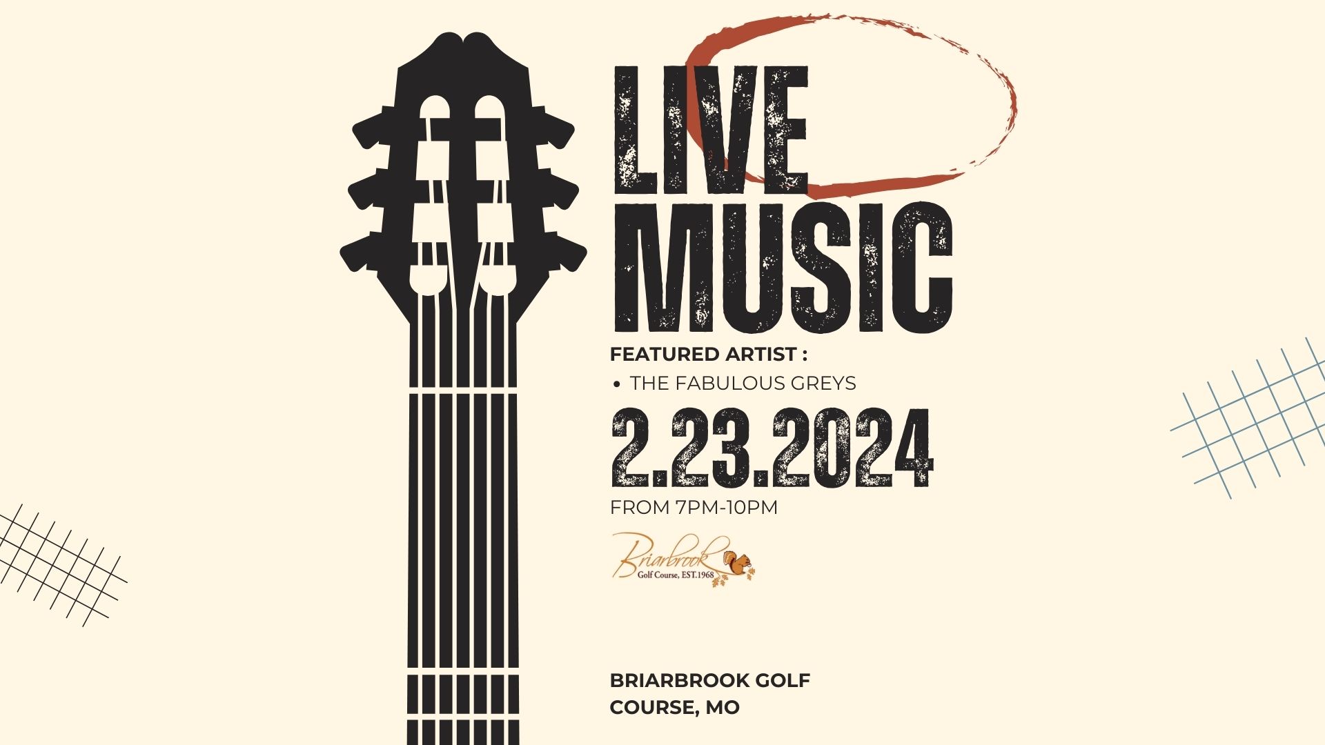 Live Music at Briarbrook Golf Course graphic with guitar.